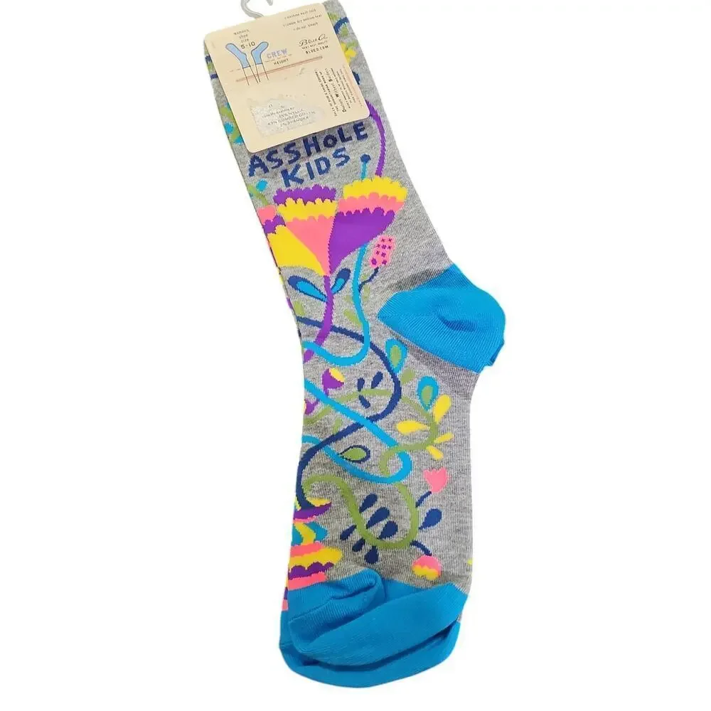 Blue Q Gray Floral 'I Love My A$$hole Kids' Women's Crew Socks with Teal Accents